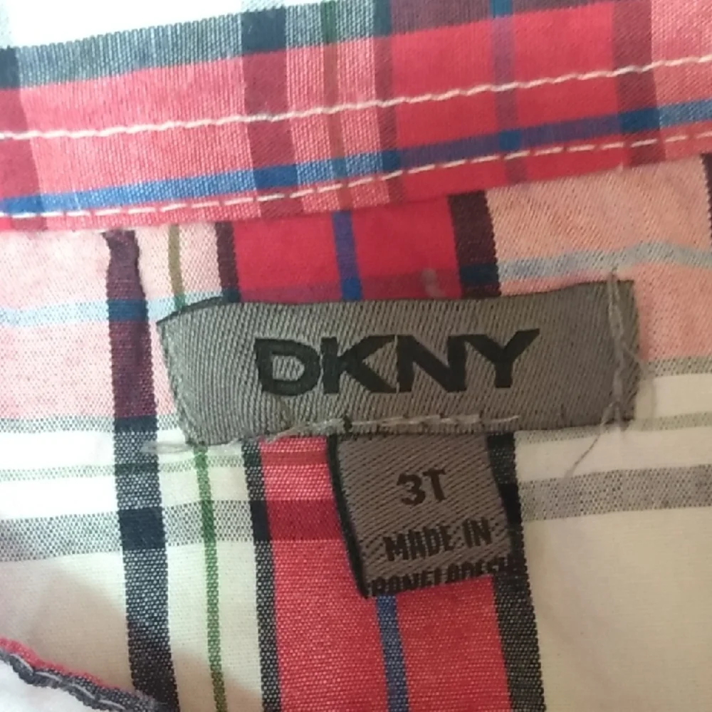 DKNY Kids Red and White Plaid Button Down Shirt 3T Long Roll Tab Sleeves‎